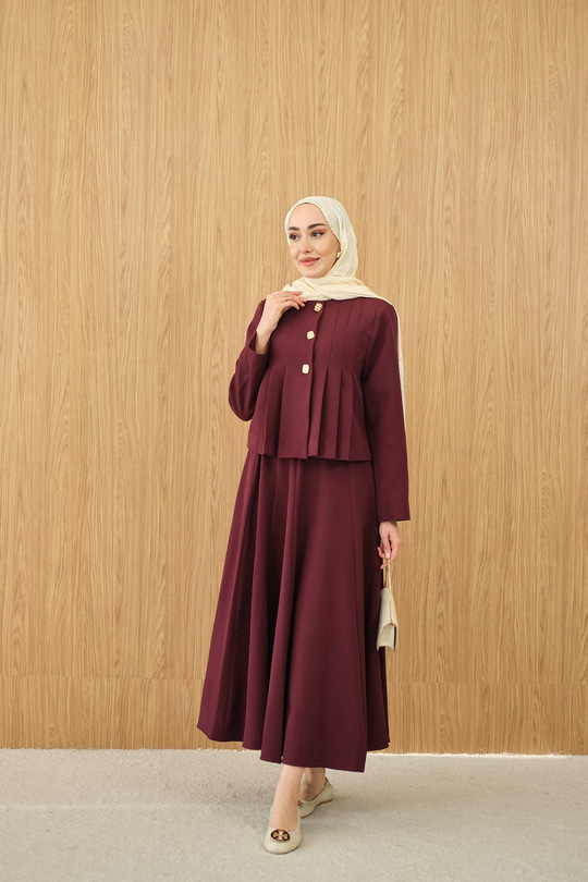 Pile Detaylı Gold Düğme Detay Etekli Takım Bordo