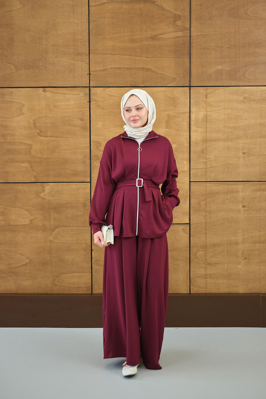 Pile Detaylı Tokalı Takım Mürdüm