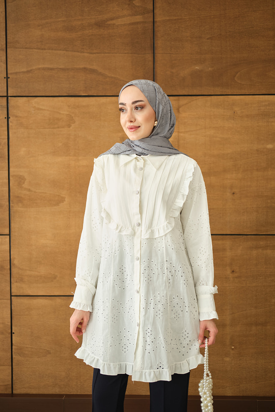 Pile Ve Brode Detay Gömlek Beyaz