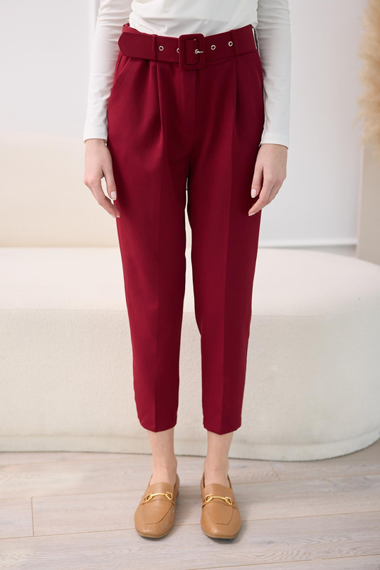 Pile Ve Kemer Detaylı Kumaş Pantolon Bordo