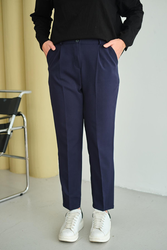 Pileli Düz Paça Pantolon Lacivert