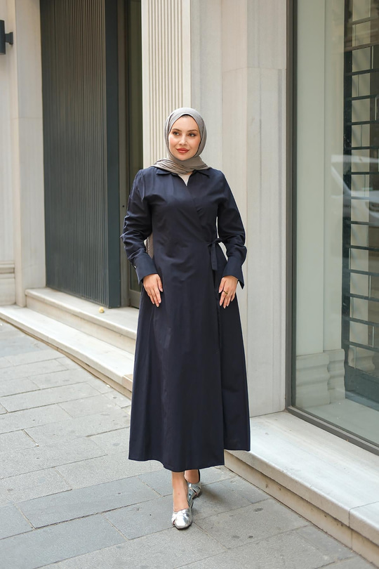 Poplin Yan Bağlamalı Elbise Koyu Lacivert