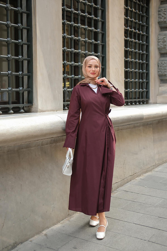 Poplin Yan Bağlamalı Elbise Mürdüm