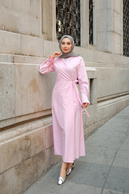 Poplin Yan Bağlamalı Elbise Pembe