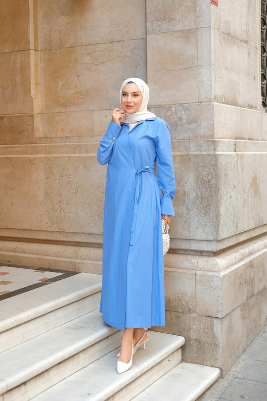 Poplin Yan Bağlamalı Elbise Saks Mavi