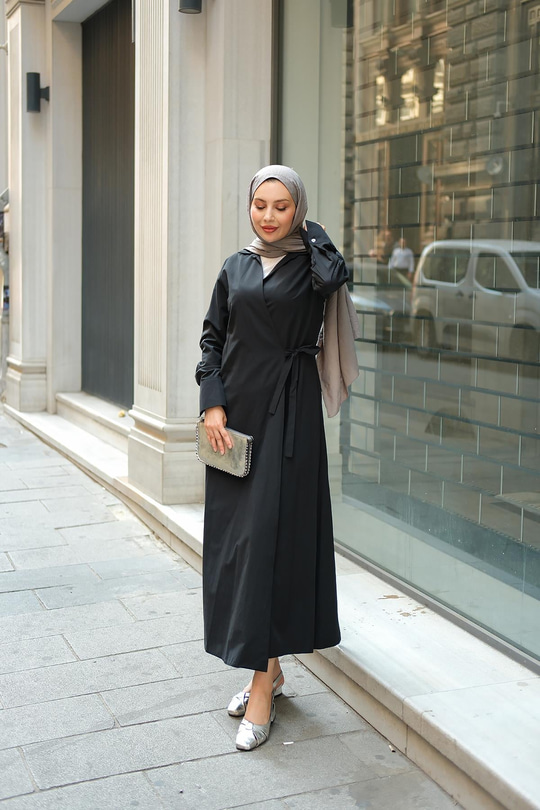Poplin Yan Bağlamalı Elbise Siyah