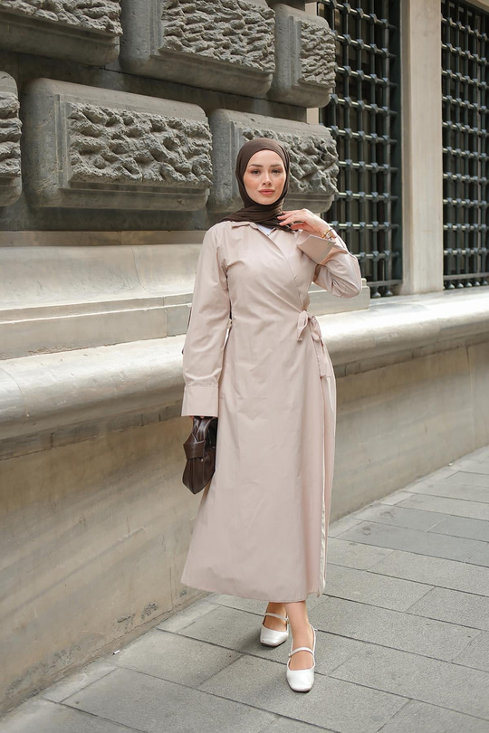 Poplin Yan Bağlamalı Elbise Vizon