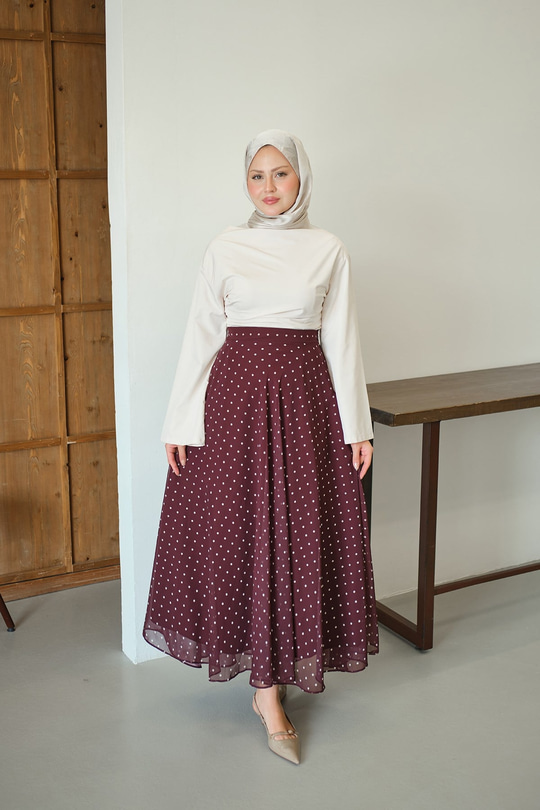 Puantiye Detay Şifon Etek Bordo
