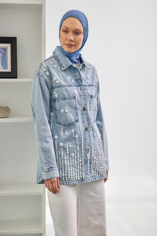 Pul Detay Jean Ceket Buz Mavi