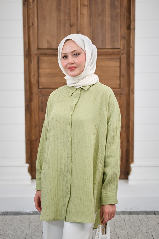Pul Detaylı Kendinden Desen Gömlek Fıstık Yeşil