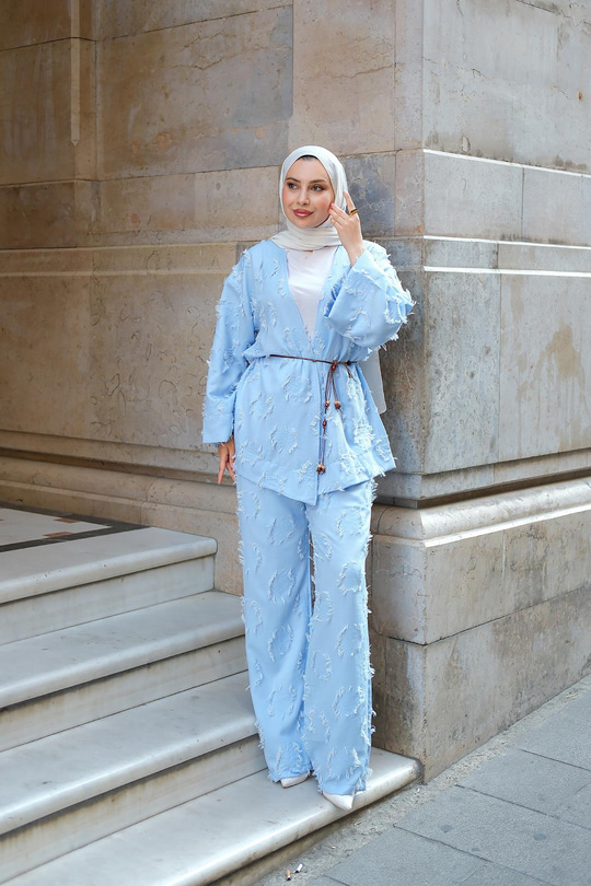 Püskül Detay Kimono İkili Takım Mavi