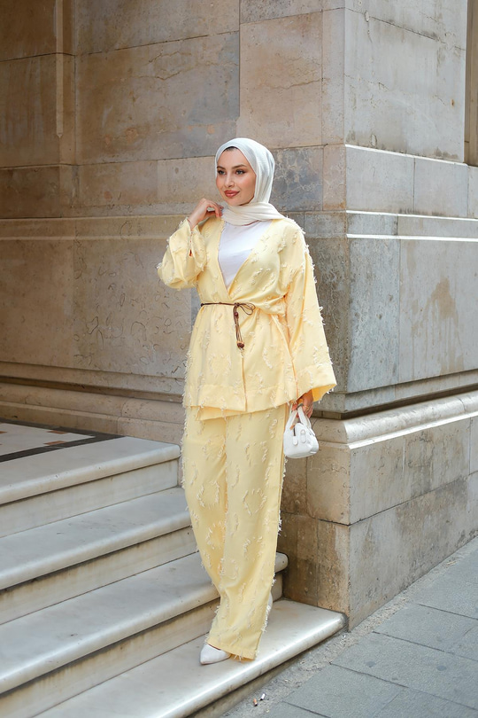 Püskül Detay Kimono İkili Takım Sarı