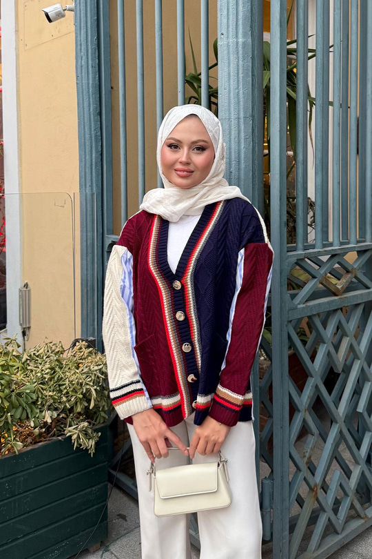 Renkli Örme Detay Hırka Bordo