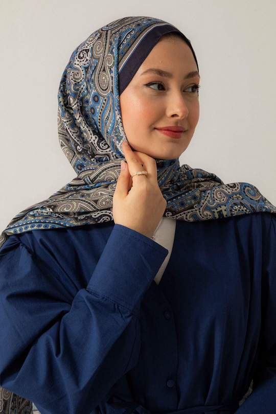 Retro Desen Soft Şal İndigo Mavi