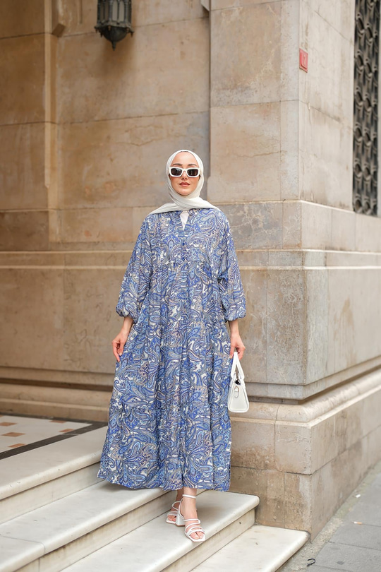 Retro Etnik Desenli Elbise Lacivert