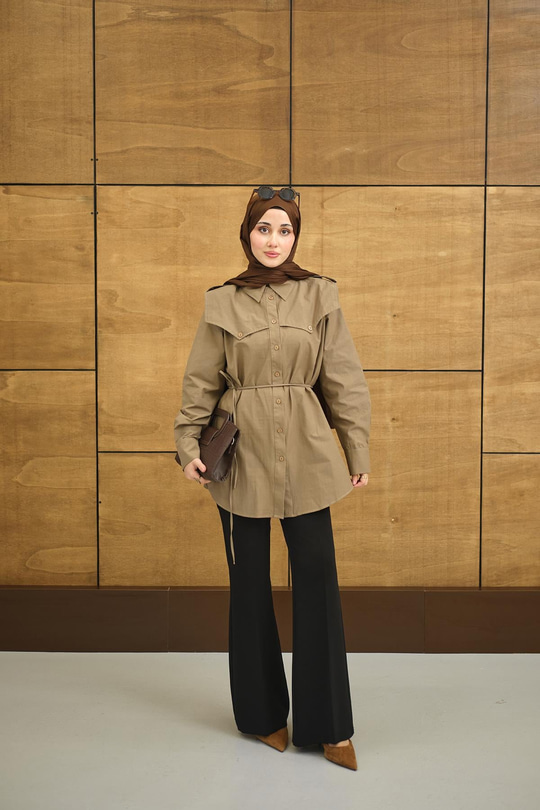 Roba Detaylı Kemerli Regular Poplin Gömlek Kahverengi