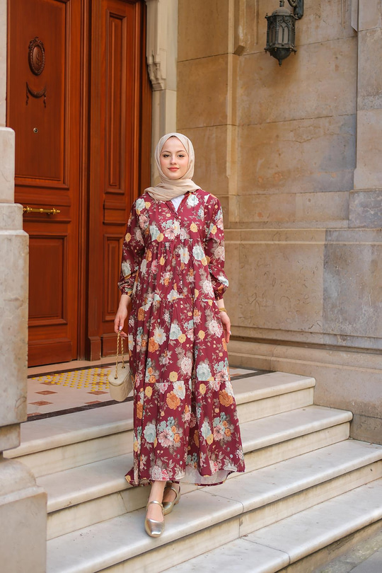 Rose Desenli Elbise Bordo