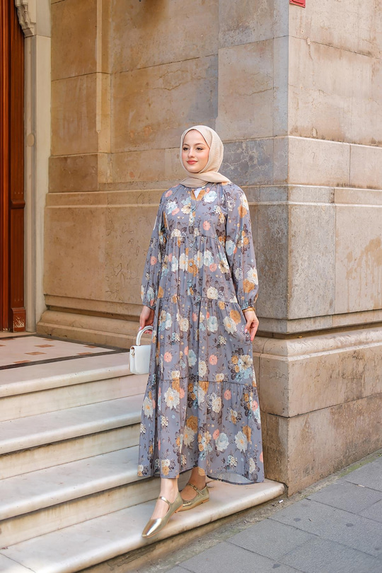 Rose Desenli Elbise Gri