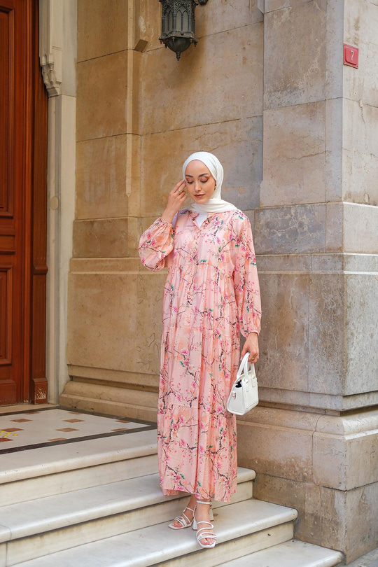 Sakura Çiçeği Desenli Elbise Pembe