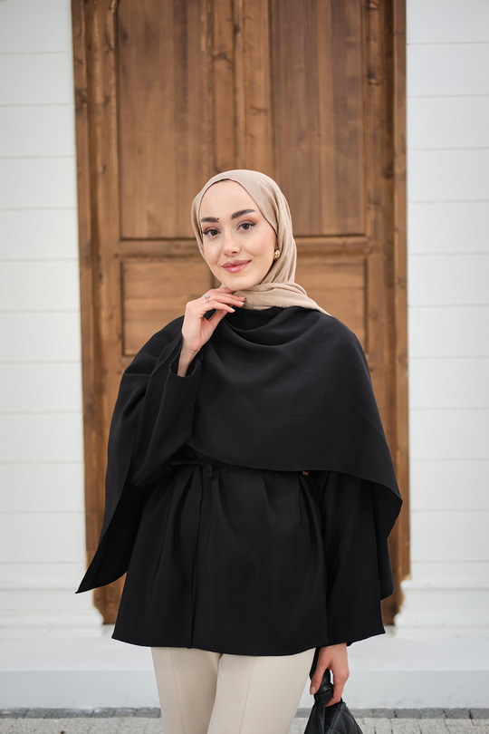Şal Detay Bel Bağlamalı Bluz Siyah