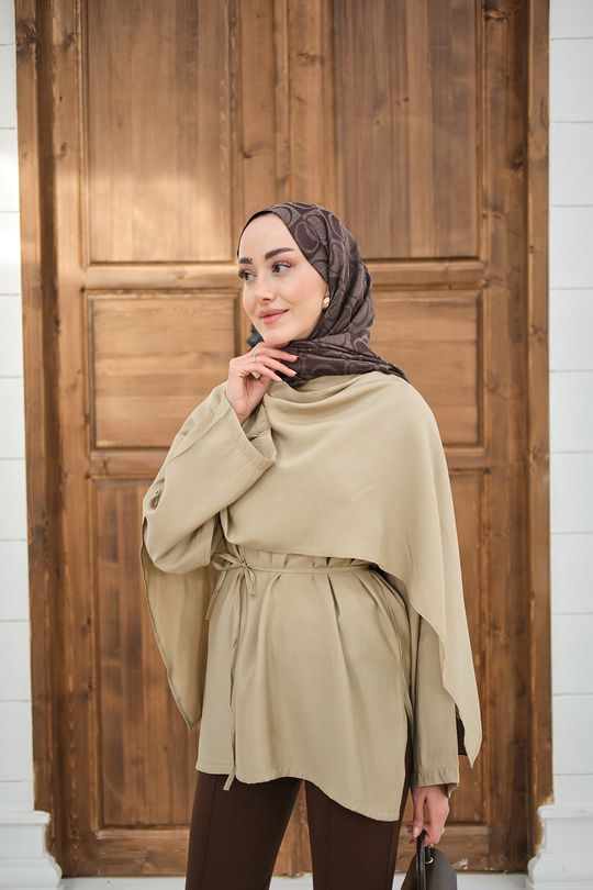 Şal Detay Bel Bağlamalı Bluz Vizon