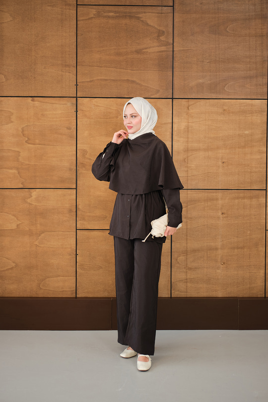 Şal Detay Bel Bağlamalı Gömlekli Takım Kahverengi