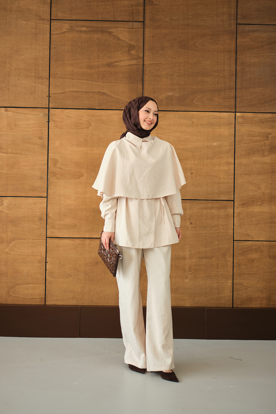 Şal Detay Bel Bağlamalı Gömlekli Takım Krem