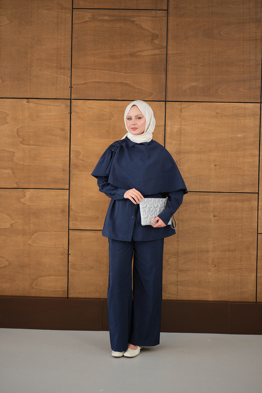 Şal Detay Bel Bağlamalı Gömlekli Takım Lacivert