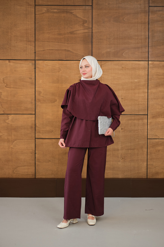 Şal Detay Bel Bağlamalı Gömlekli Takım Bordo