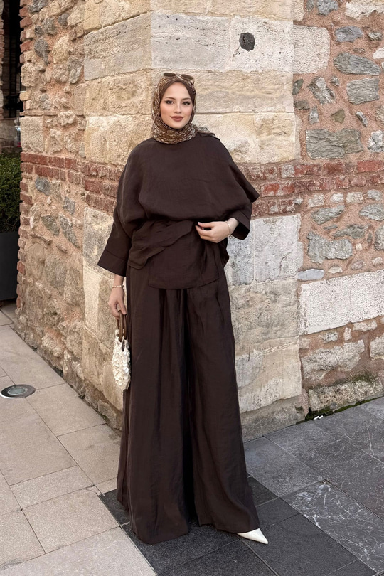 Şal Detay Pantolonlu Bel Bağlamalı Takım Kahverengi