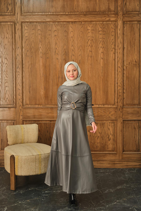 Şardonlu Deri Elbise Antrasit