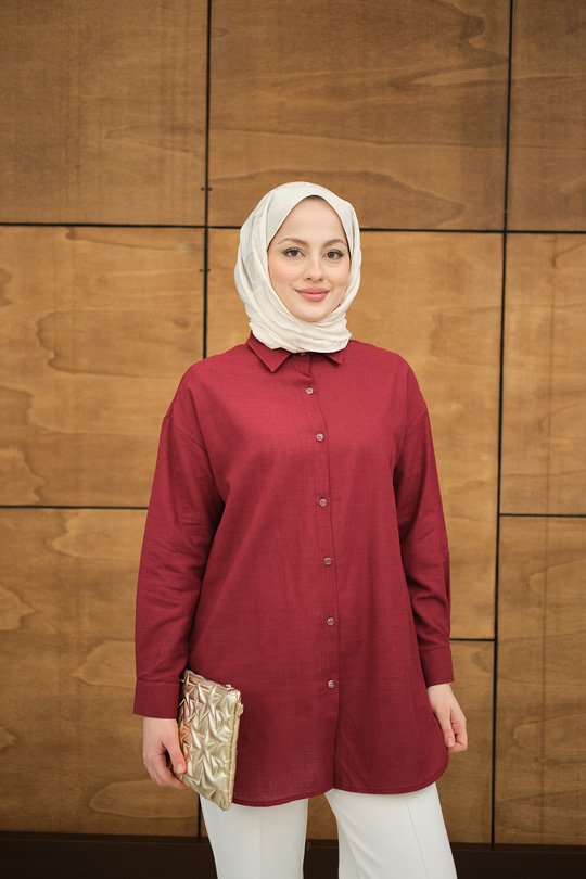 Şeffaf Düğme Detaylı Basic Gömlek Bordo
