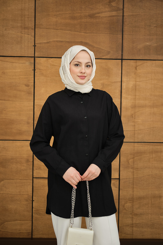 Şeffaf Düğme Detaylı Basic Gömlek Siyah