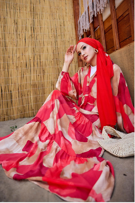 Şekil Desen Elbise Kırmızı