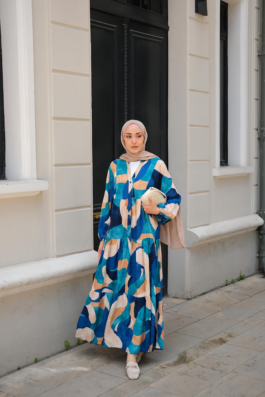 Şekil Desen Elbise Mavi