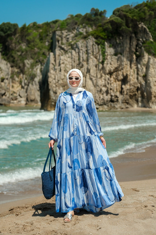 Şekil Desenli Elbise Mavi