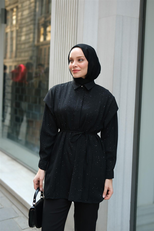 Sim Desenli Viskon Gömlek Siyah