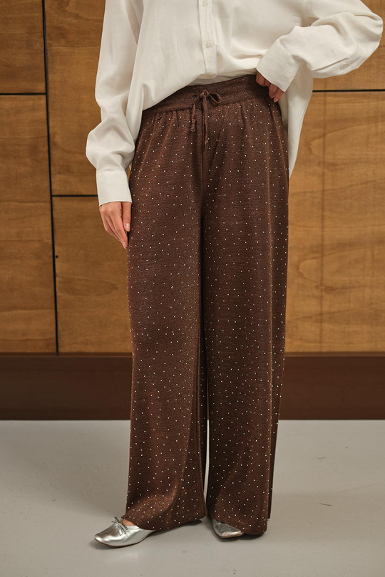 Sim Detay Taşlı Triko Pantolon Kahverengi