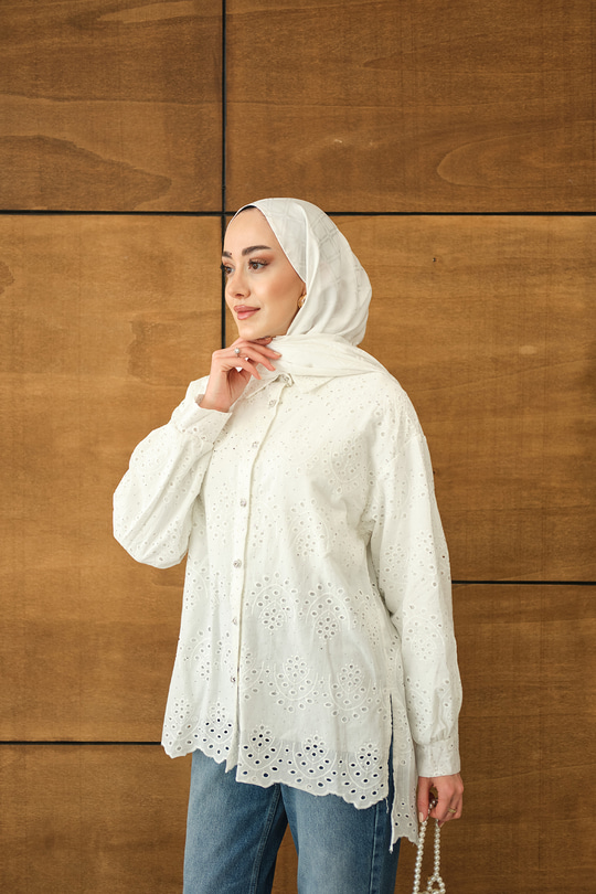 Sim Görünümlü Brode Gömlek Beyaz