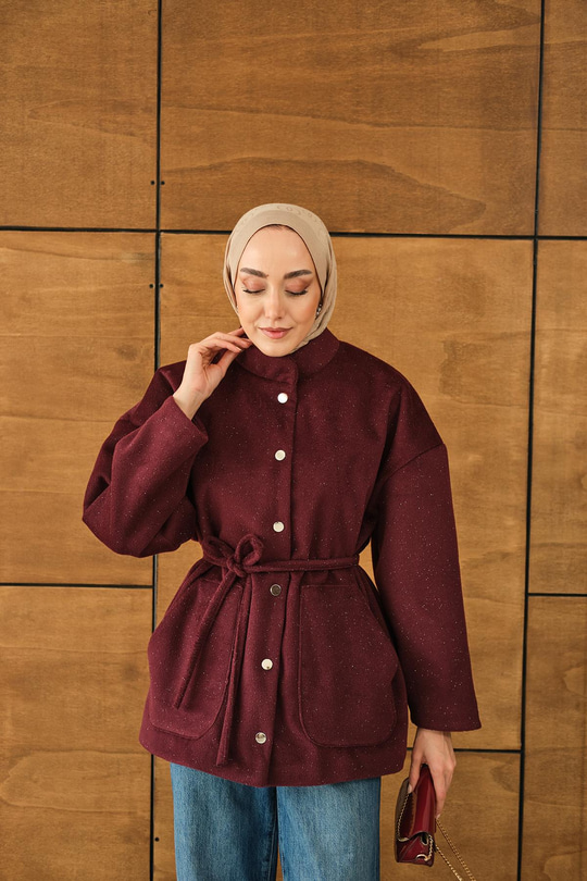 Simli Kaşe Çıtçıtlı Ceket Bordo