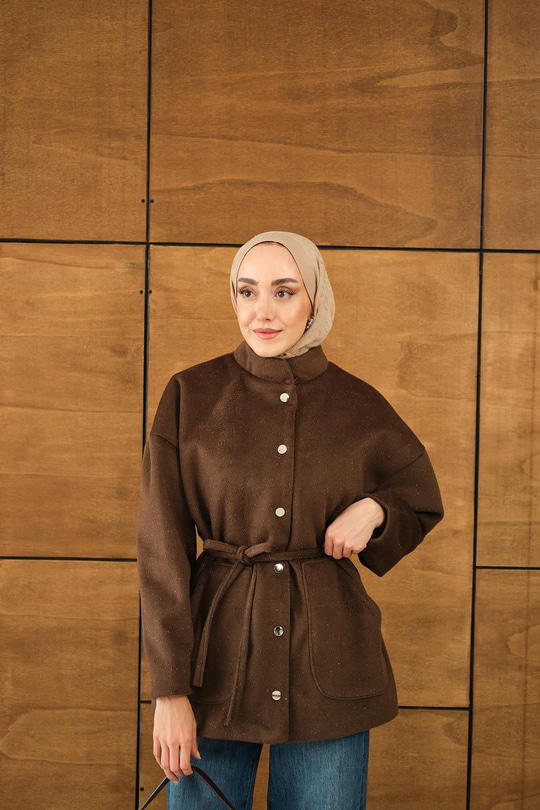 Simli Kaşe Çıtçıtlı Ceket Kahverengi