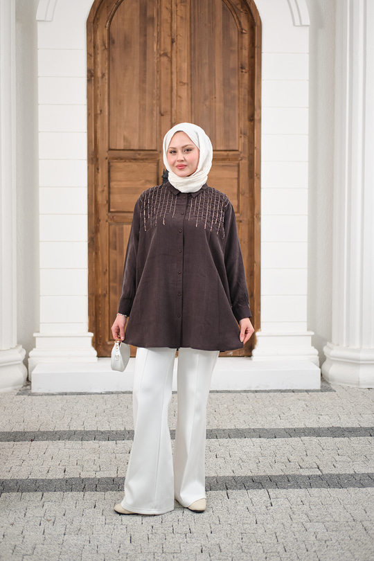 Sıralı Boncuk İşlemeli Gömlek Acı Kahve