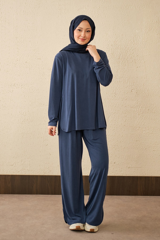 Sırt Dikiş Detay Beli Lastikli Takım Mavi