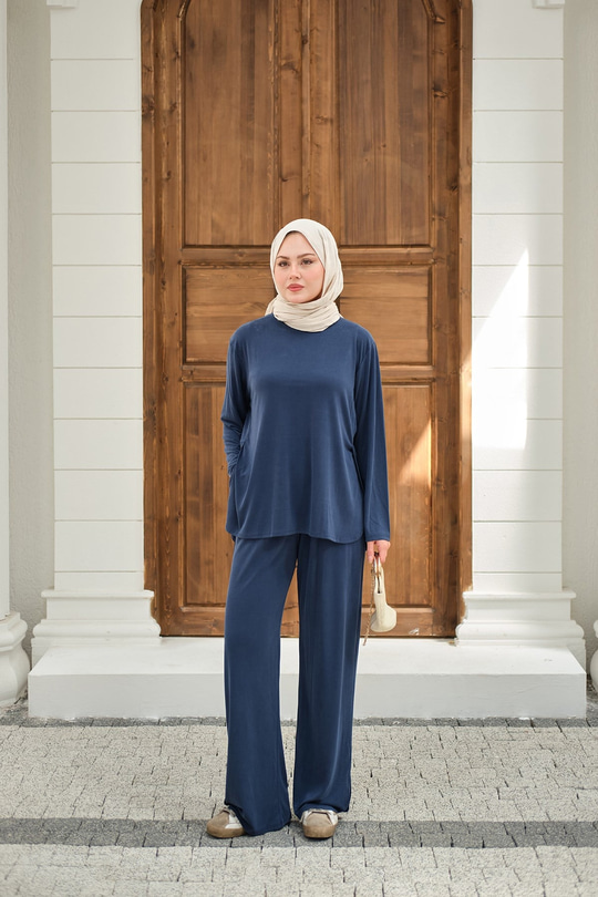Sırt Dikiş Detay Beli Lastikli Takım Mavi