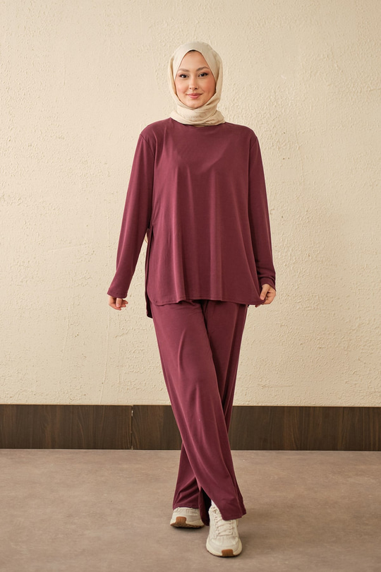 Sırt Dikiş Detay Beli Lastikli Takım Mürdüm