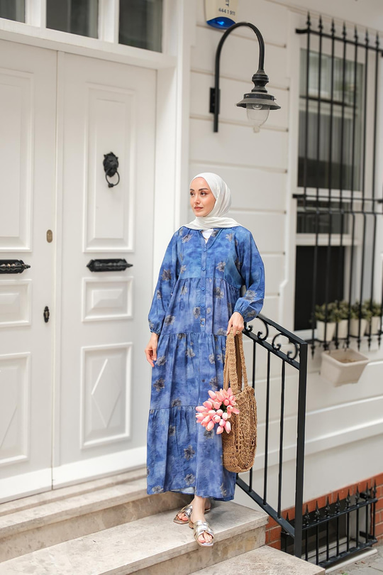 Sisli Çicek Desenli Elbise Lacivert