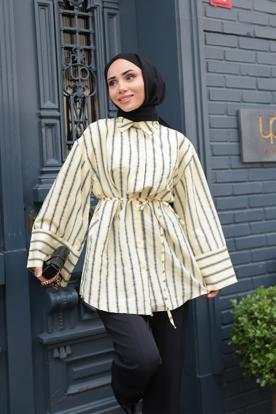 Siyah Çizgili Balon Kol Gömlek Sarı