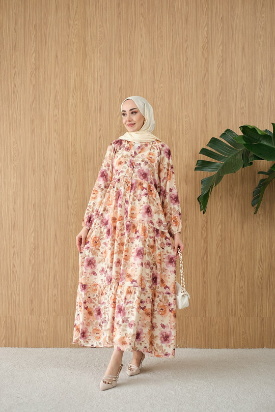 Soft Çiçek Desen Elbise Mürdüm