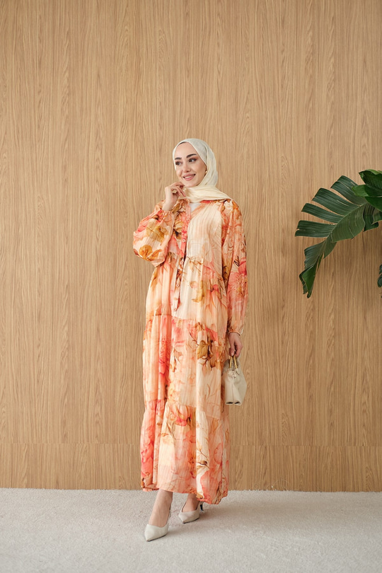 Soft Çiçek Desen Elbise Somon