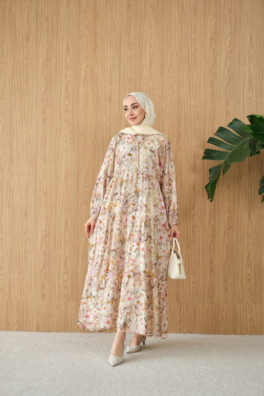 Soft Lale Desen Elbise Yeşil